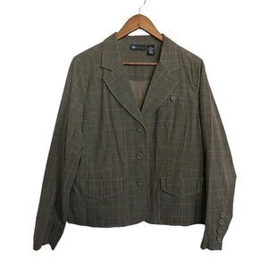 Relativity Womens Gray Brown Plaid Dark Button Up Academia Blazer Size Large